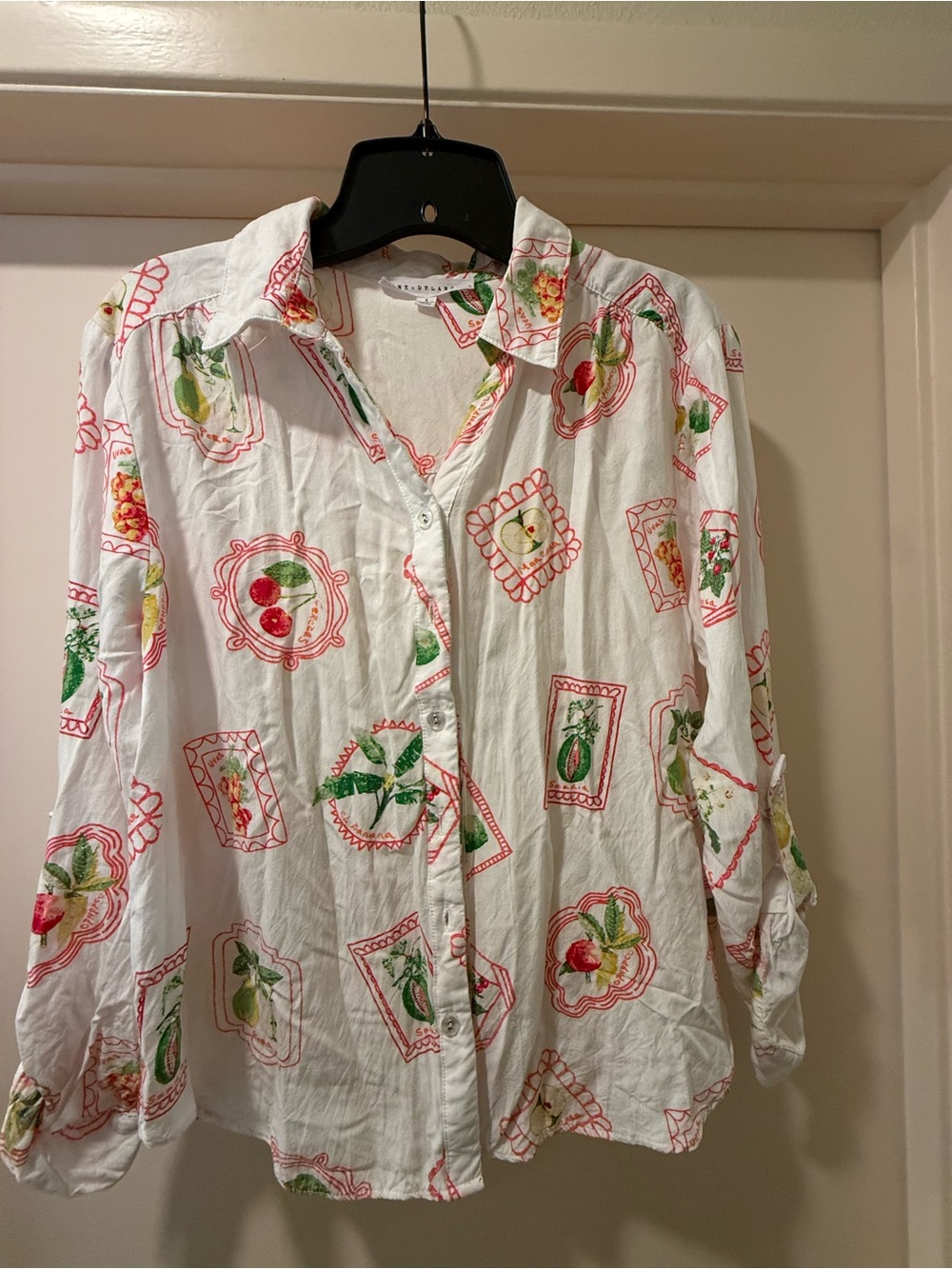 Jane and Delancey White Button-Down Blouse with Red and Green Fruit Motif